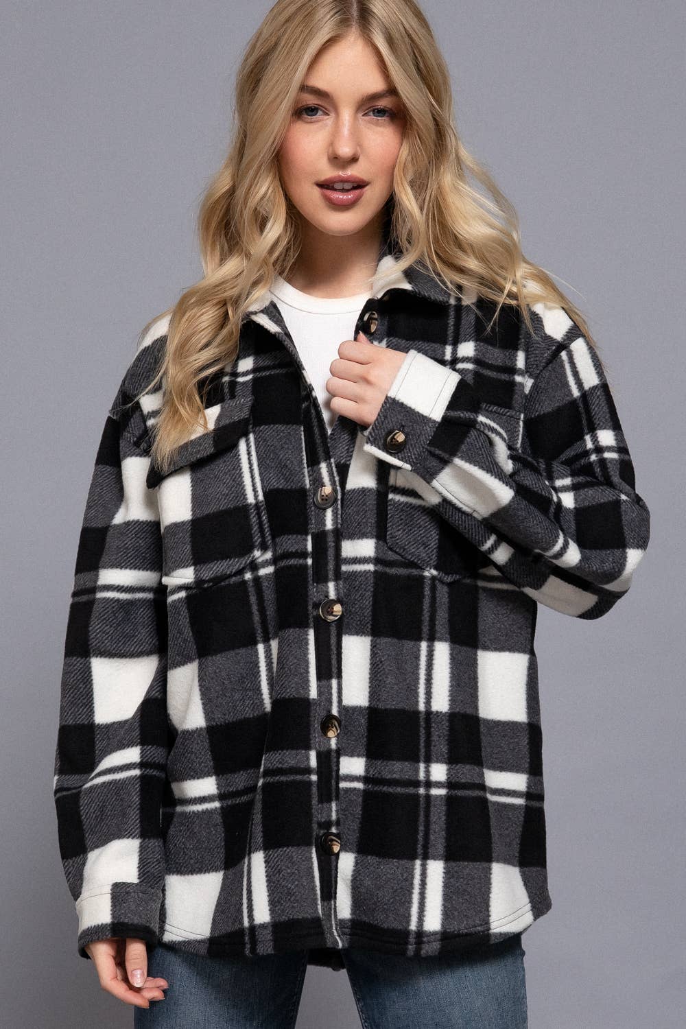 Long Sleeve Check Printed Fleece Shacket (black)