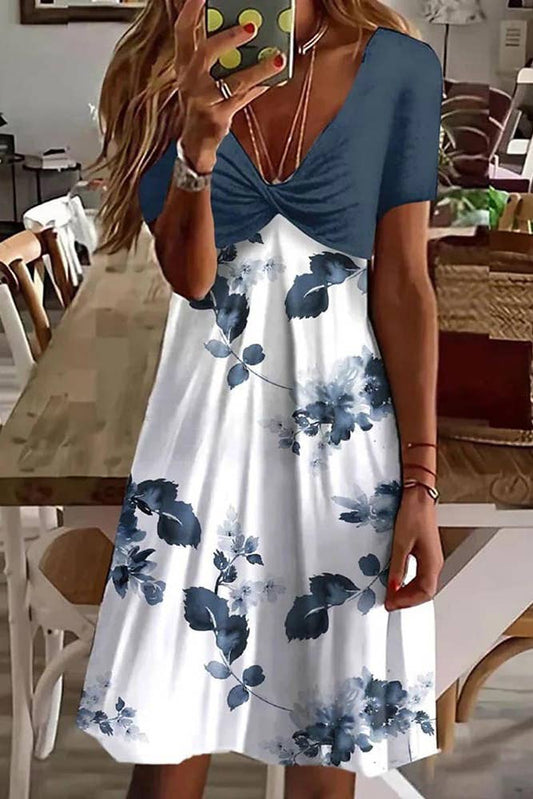 Twist Smocked Printing Dress (blue)