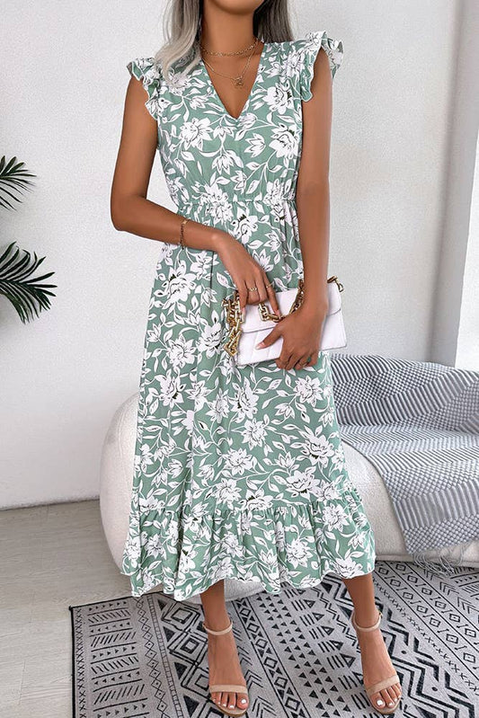V Neck Flutter Sleeves Maxi Floral Dress