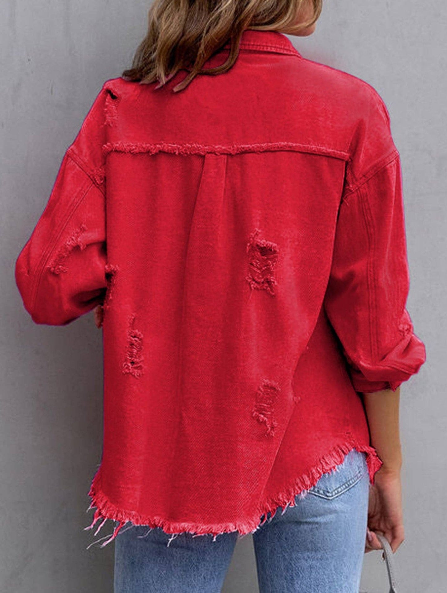 Denim Coat with Lapel and Ripped Raw Edge