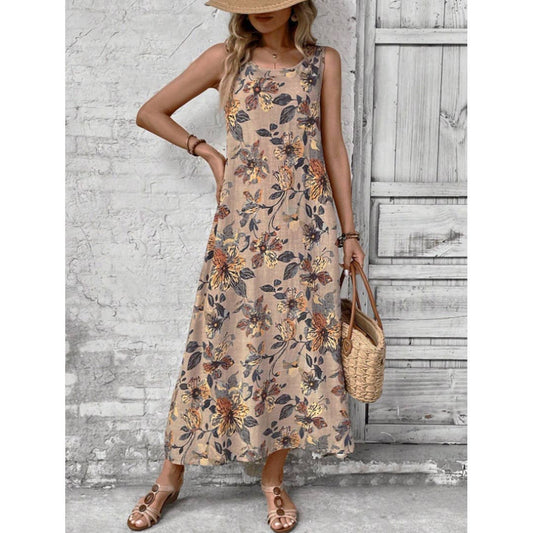 Summer Sleeveless Floral Print Round Neck Dress