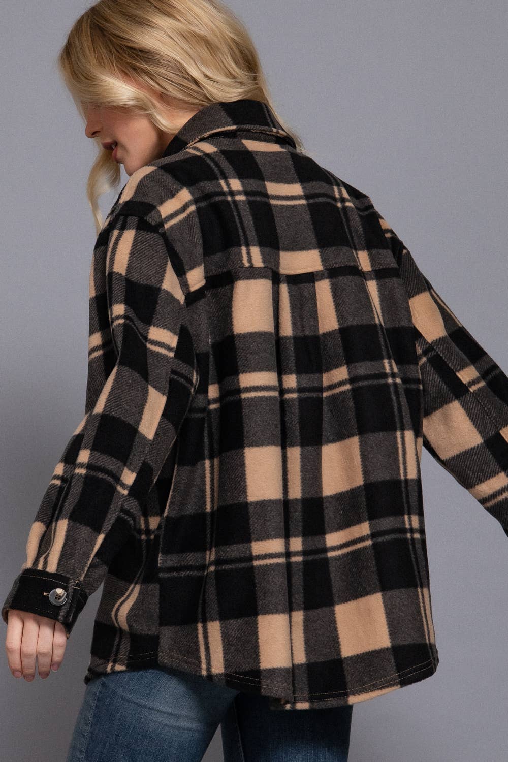 Long Sleeve Check Printed Fleece Shacket (black)