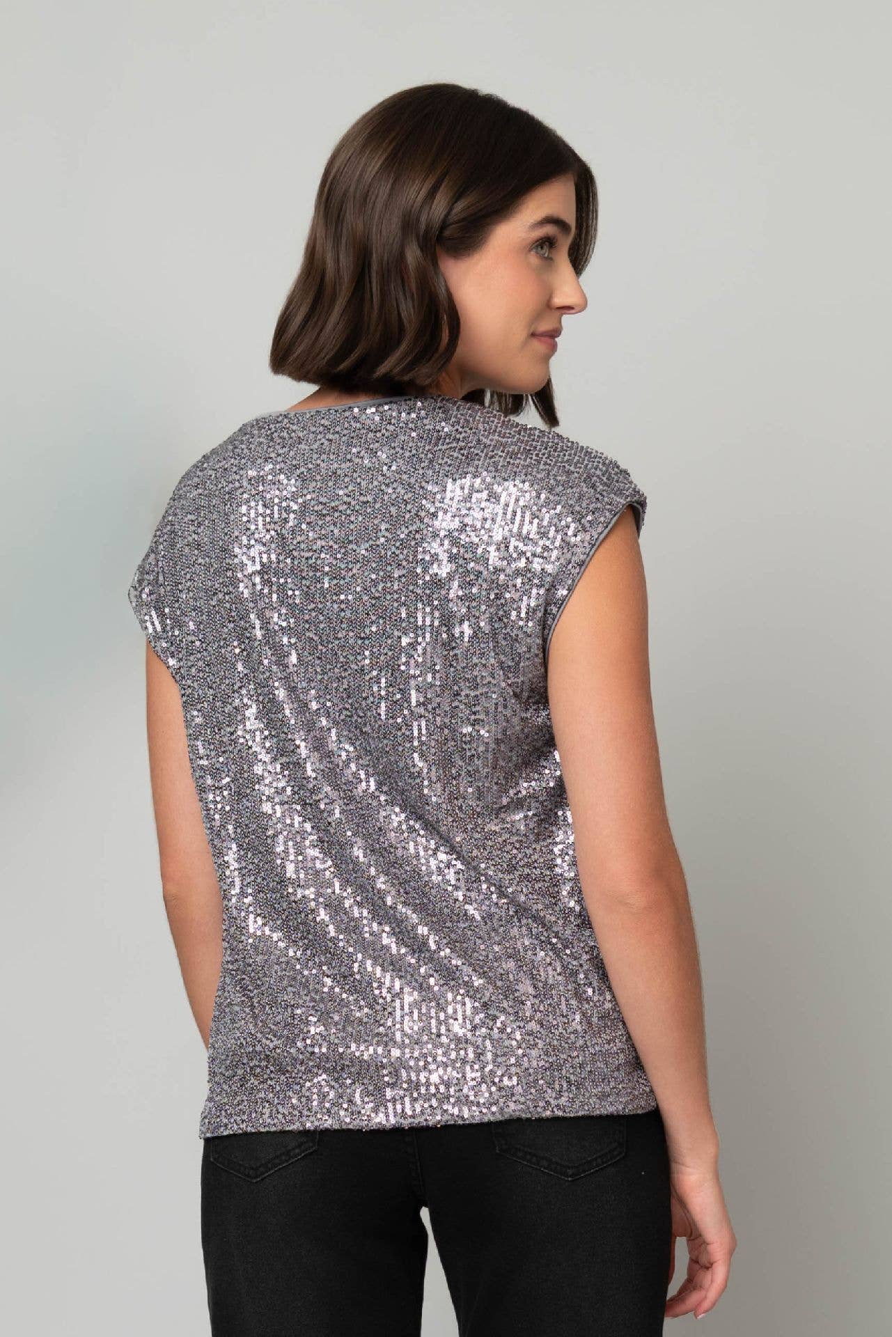 V-Neck Shimmer Top (Pewter & Red)