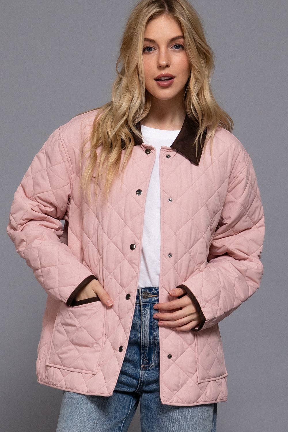 Long Sleeve Contrast Lapel Collar Quilted Puffer Work Jacket (pink)