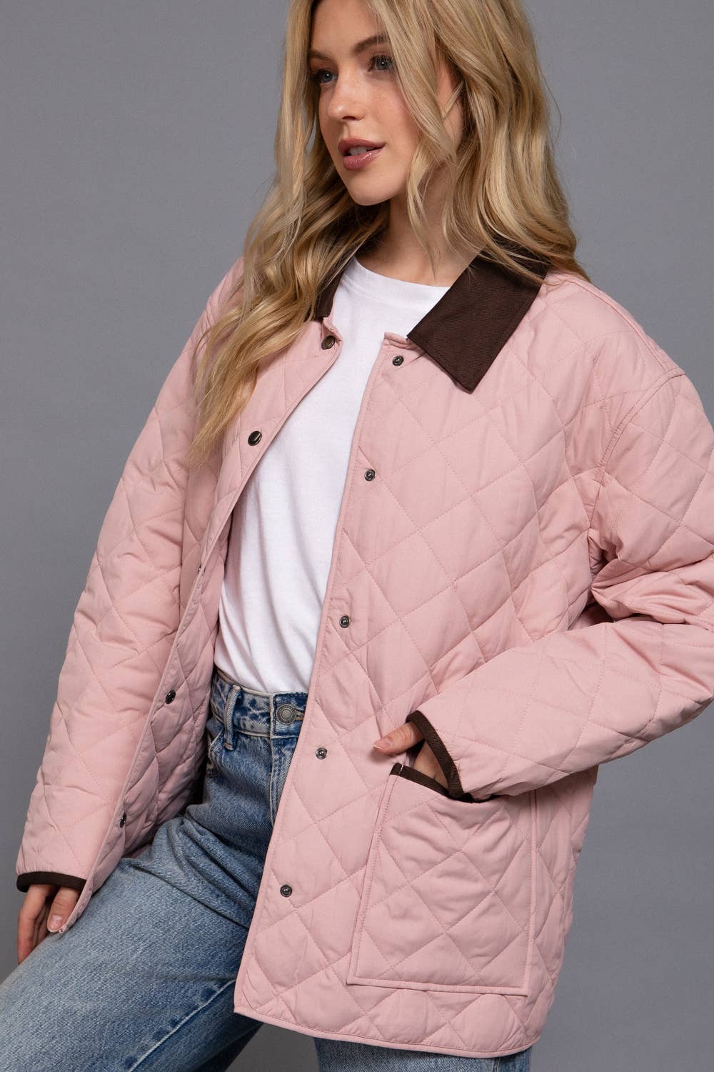 Long Sleeve Contrast Lapel Collar Quilted Puffer Work Jacket (pink)