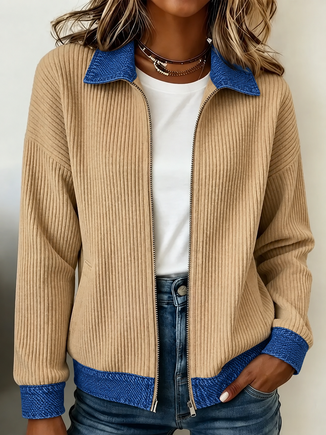 Women's Denim Patchwork Zip-Up Cardigan