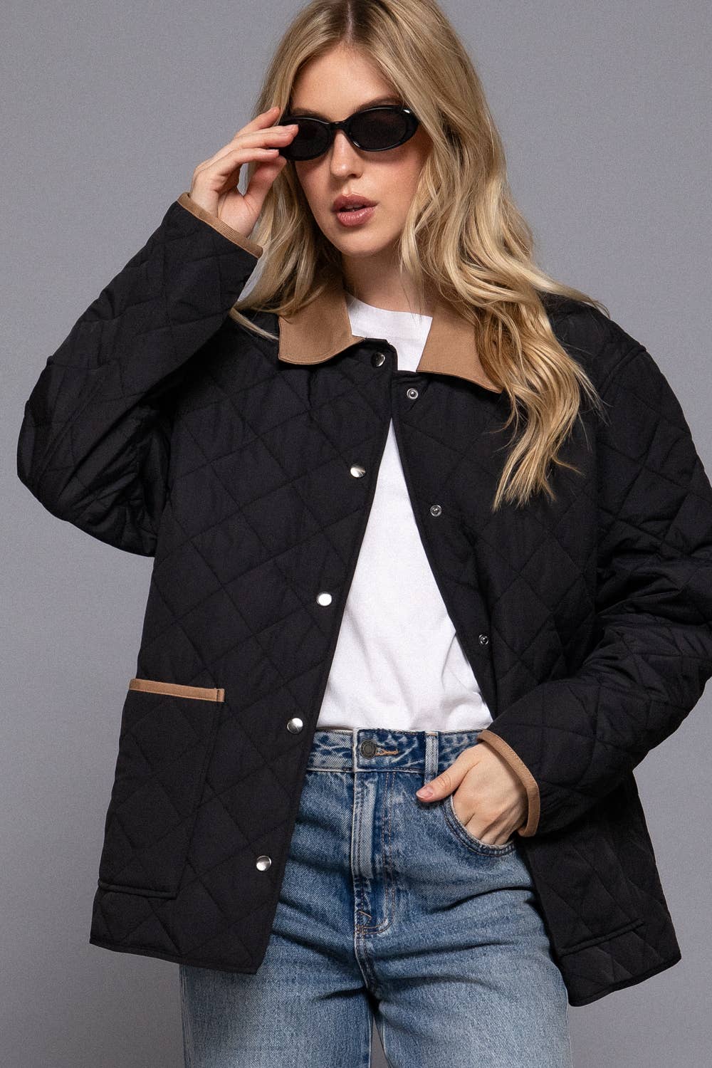 Long Sleeve Contrast Lapel Collar Quilted Puffer Work Jacket (pink)