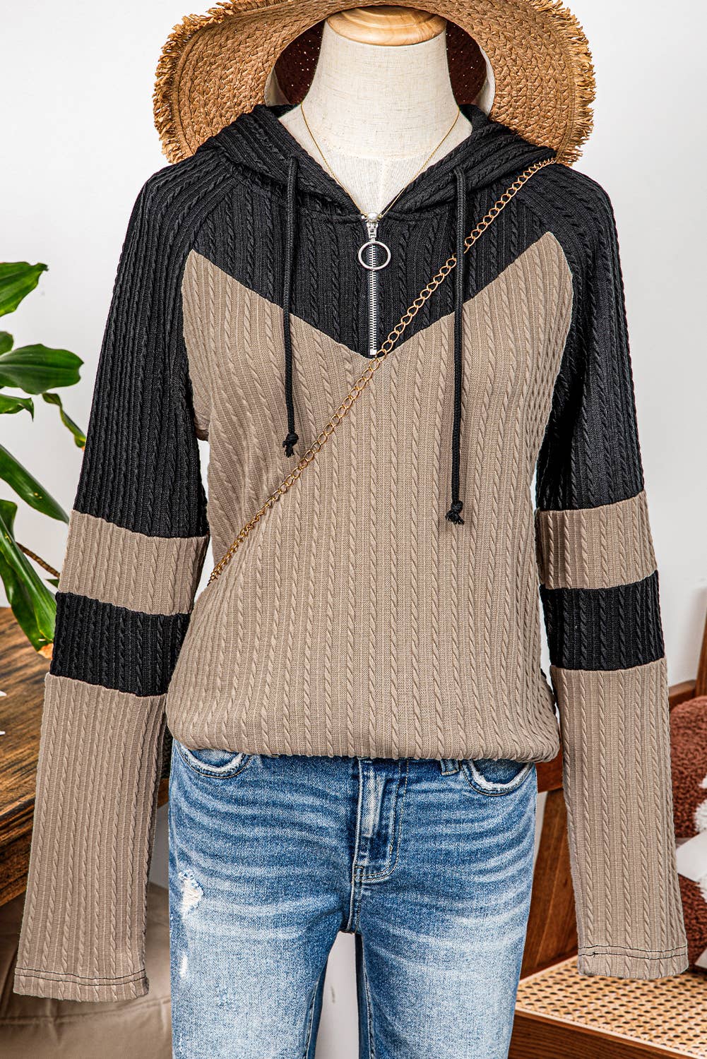 Textured Color Block Quarter Zip Drawstring Hooded Top