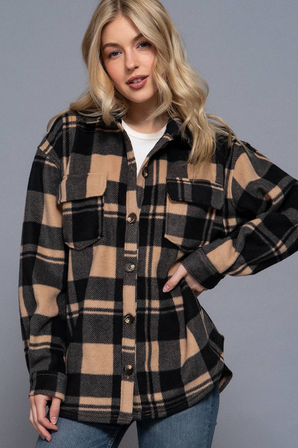 Long Sleeve Check Printed Fleece Shacket (black)