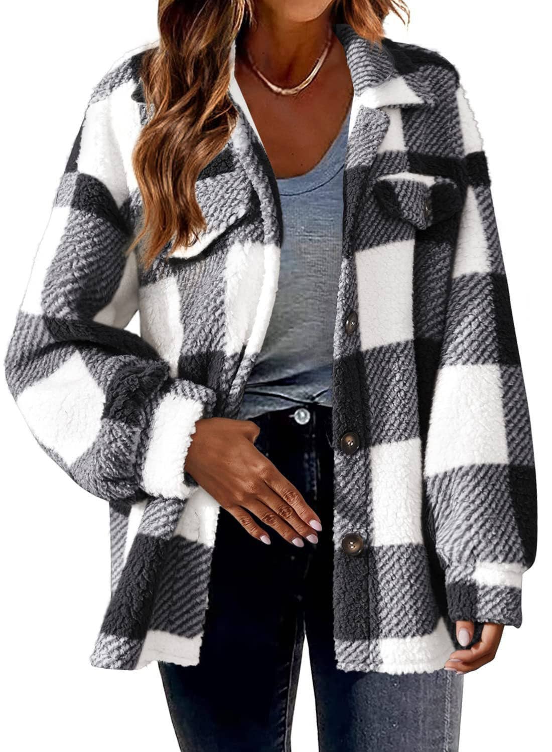 Plaid Sherpa Shacket Jacket Pockets
