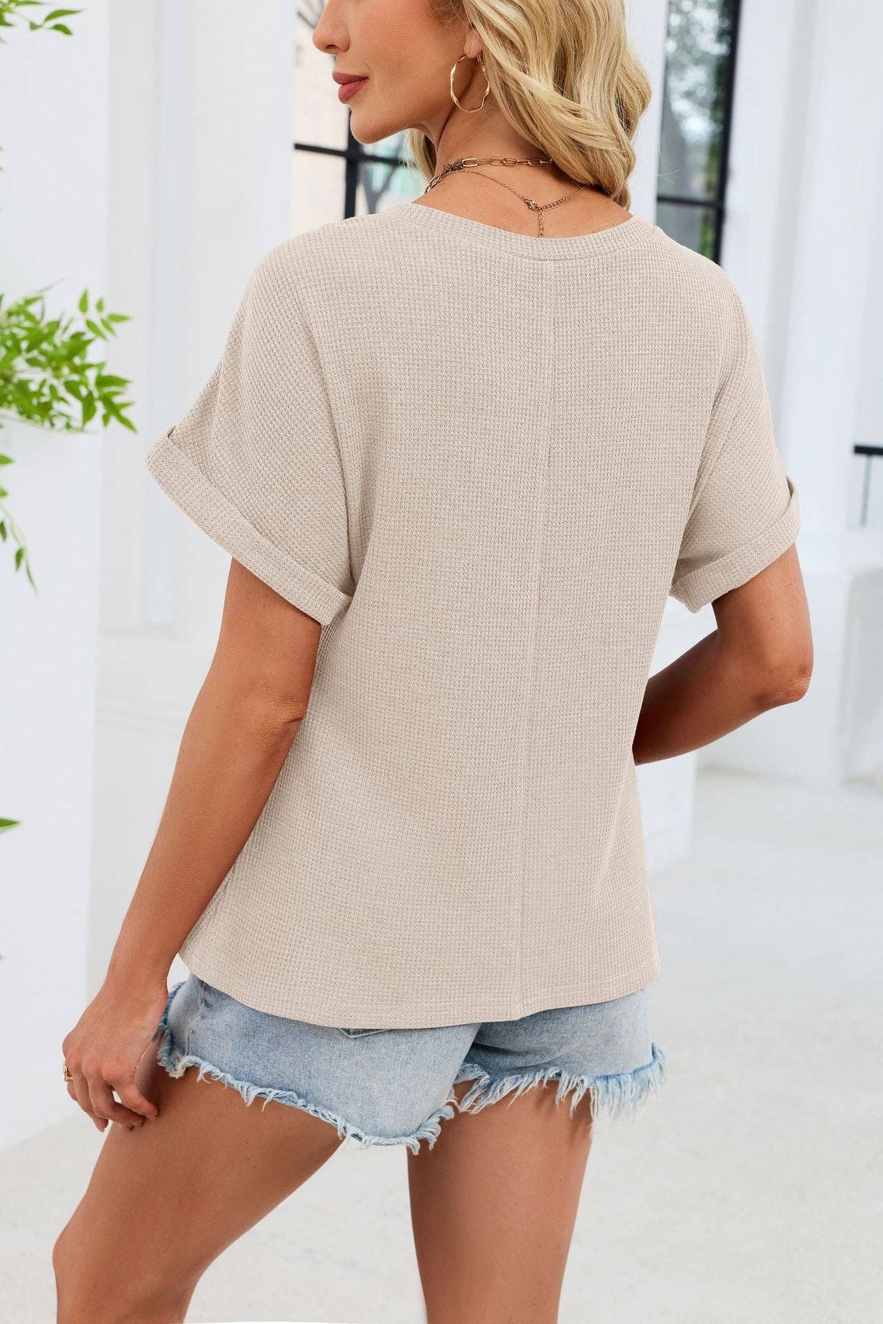 Lace Crochet Yoke Short Sleeve Waffle Knit Top