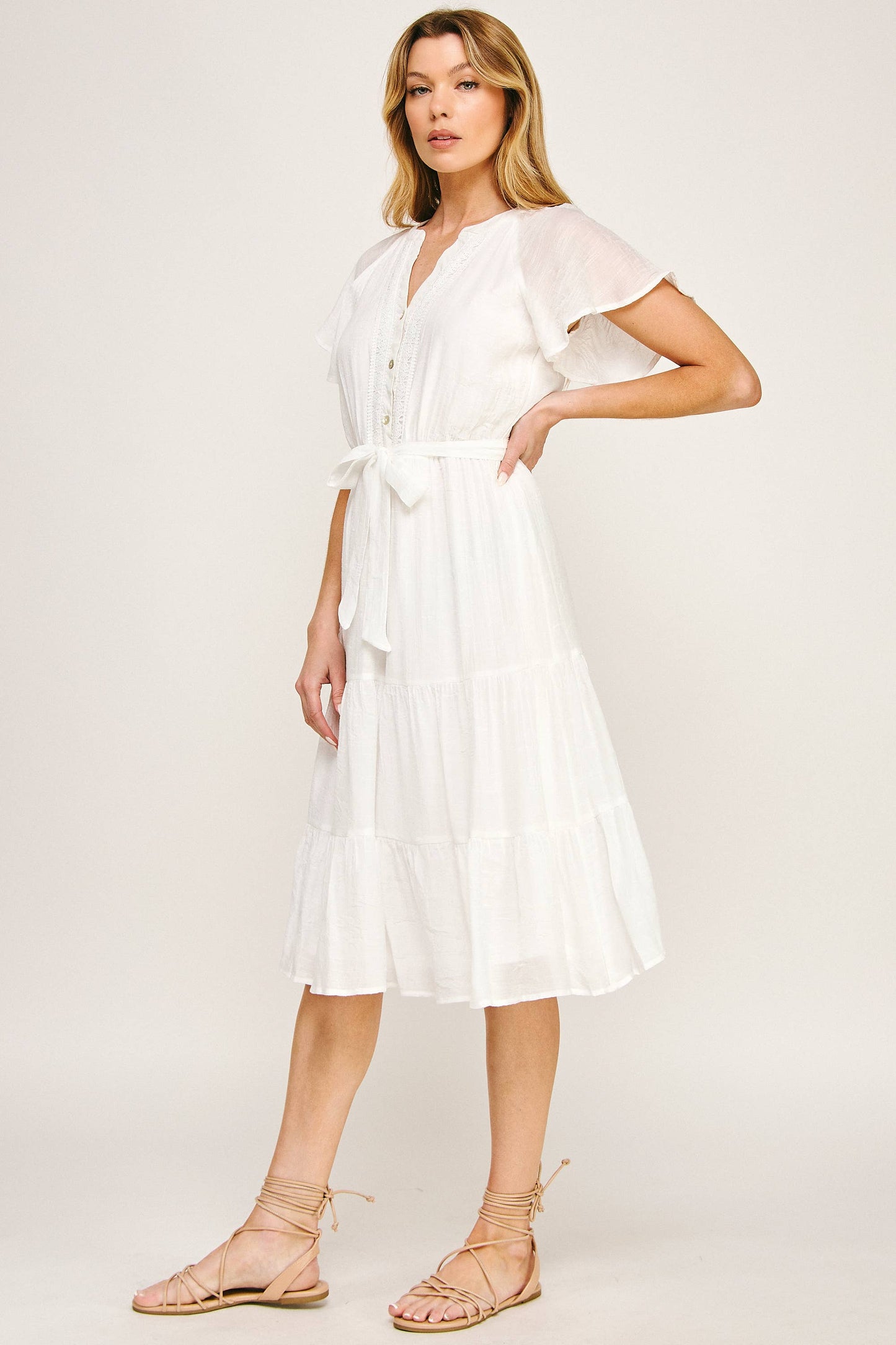 Papaya Glow Gauze Midi Dress with Trim Details