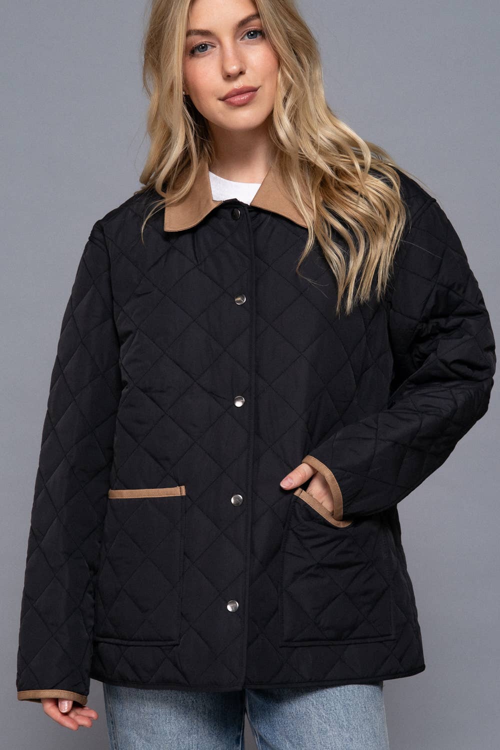 Long Sleeve Contrast Lapel Collar Quilted Puffer Work Jacket (pink)