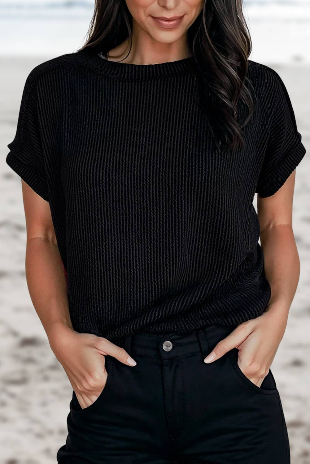 Solid Textured Exposed Seam Casual T-shirt