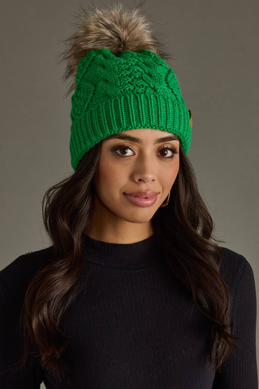 Bright Green Cable Knit Pom Hat
