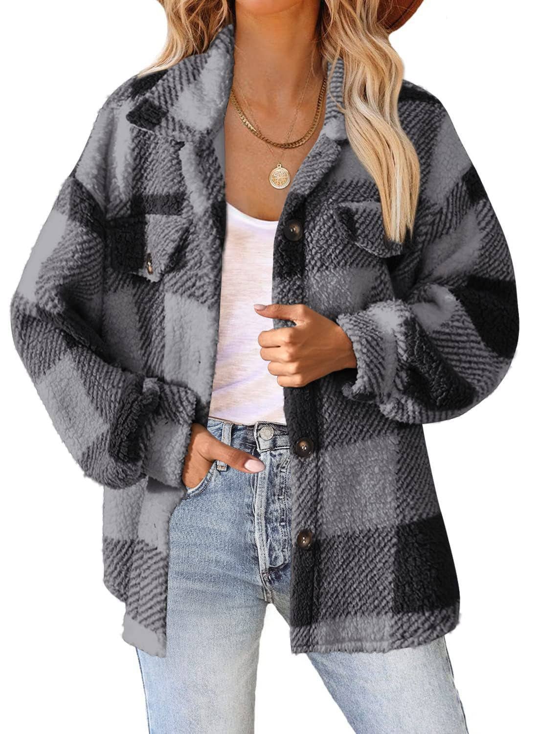 Plaid Sherpa Shacket Jacket Pockets