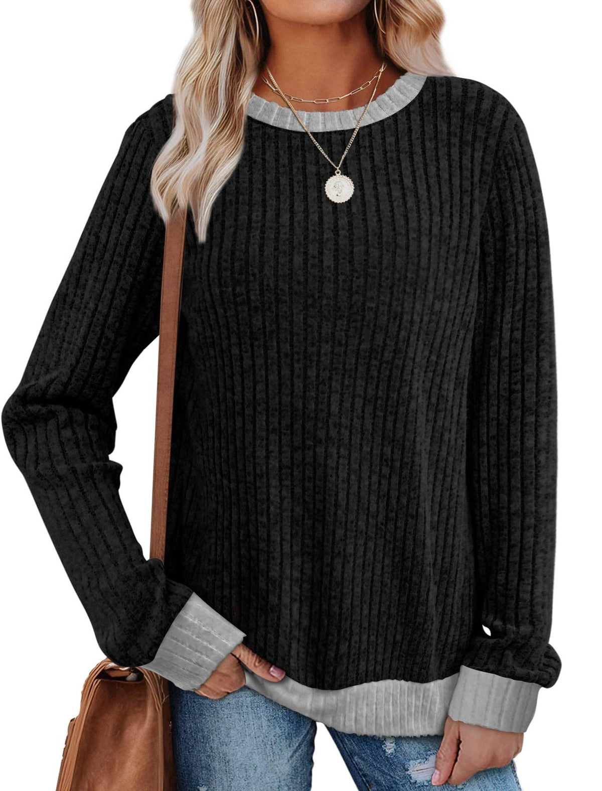 Ribbed Long Sleeve Crew Neck Pullover Top