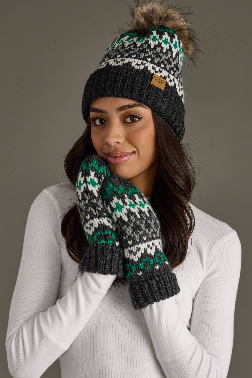 Dark Gray, White & Green Winter Pattern Pom Hat