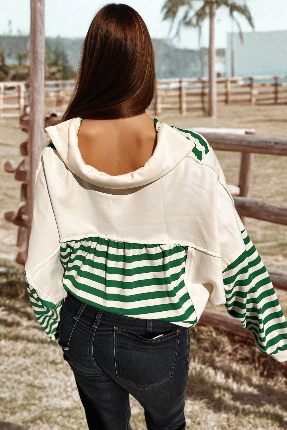 Stripe Color Block Collared V-Neck Top