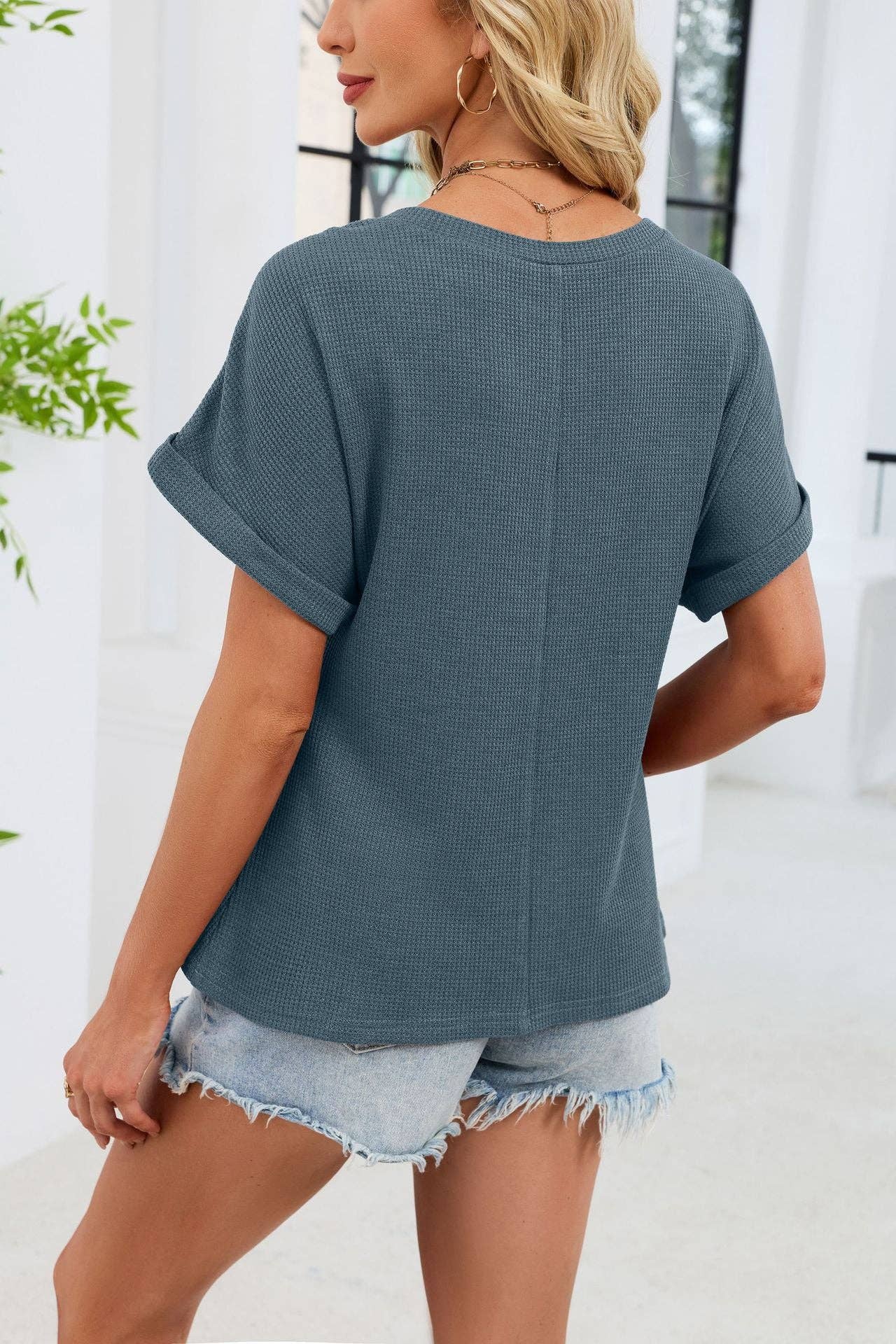 Lace Crochet Yoke Short Sleeve Waffle Knit Top