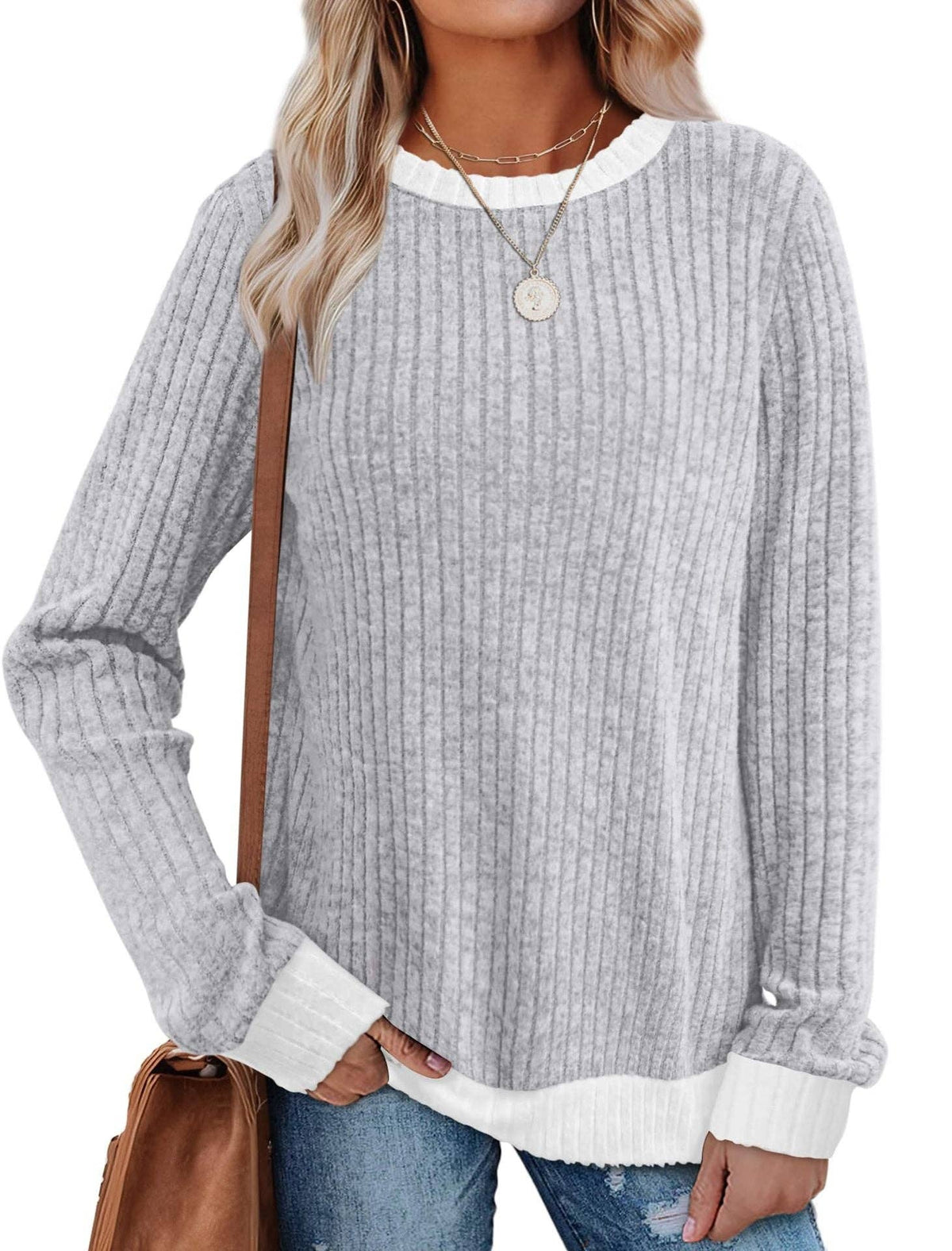 Ribbed Long Sleeve Crew Neck Pullover Top