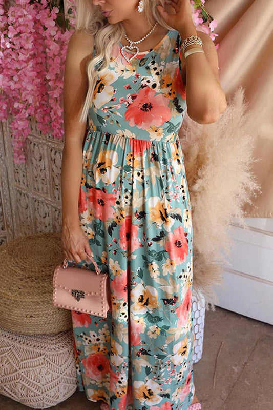 Sleeveless Ruffle Floral Print Maxi Dress