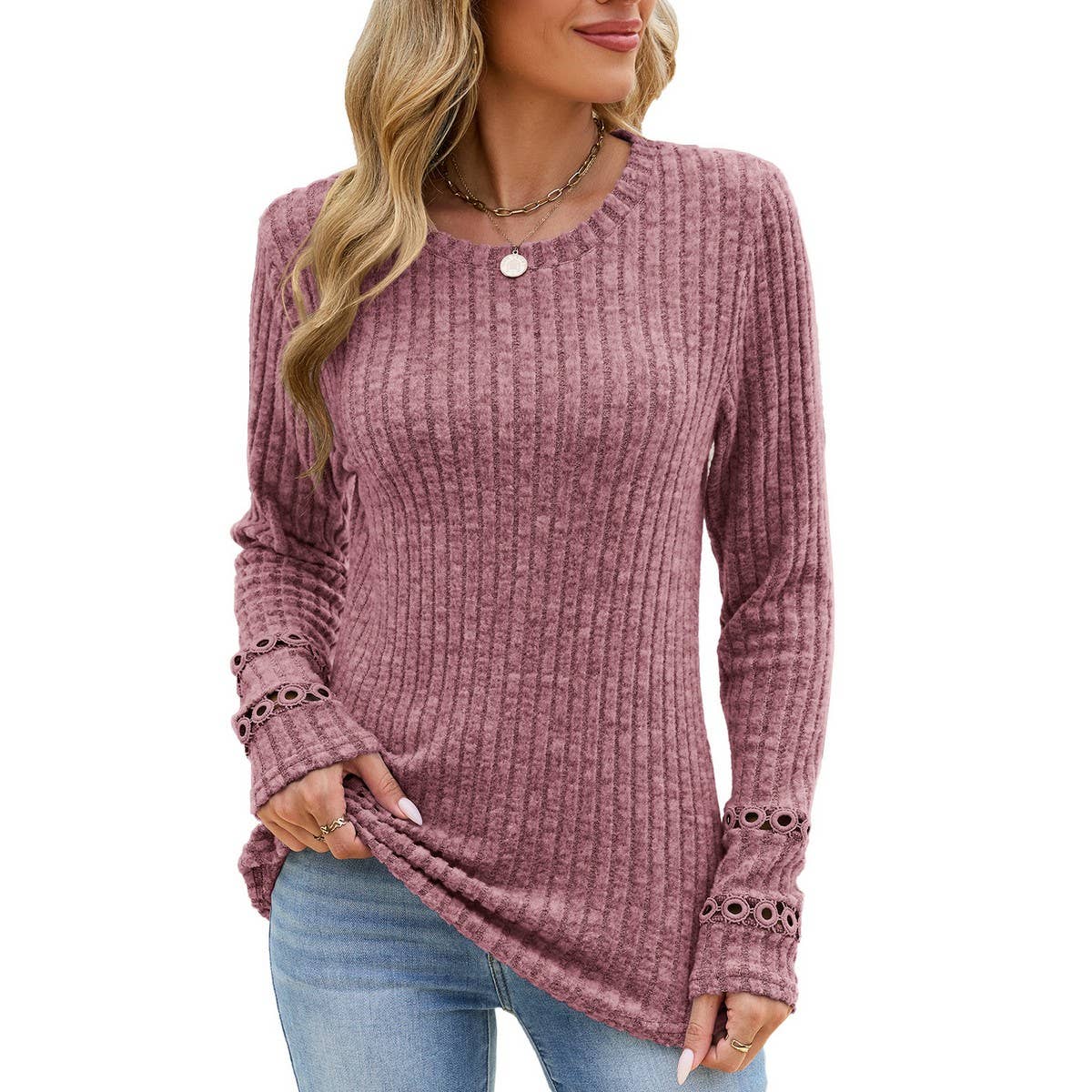 Women's Crew Neck Sweater W/ Sleeve Detail