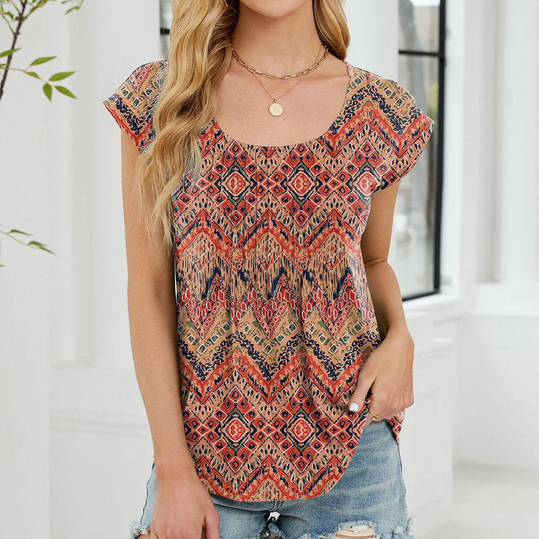 Printed Crew Neck Striped Loose Short Sleeve Top (Aztec)