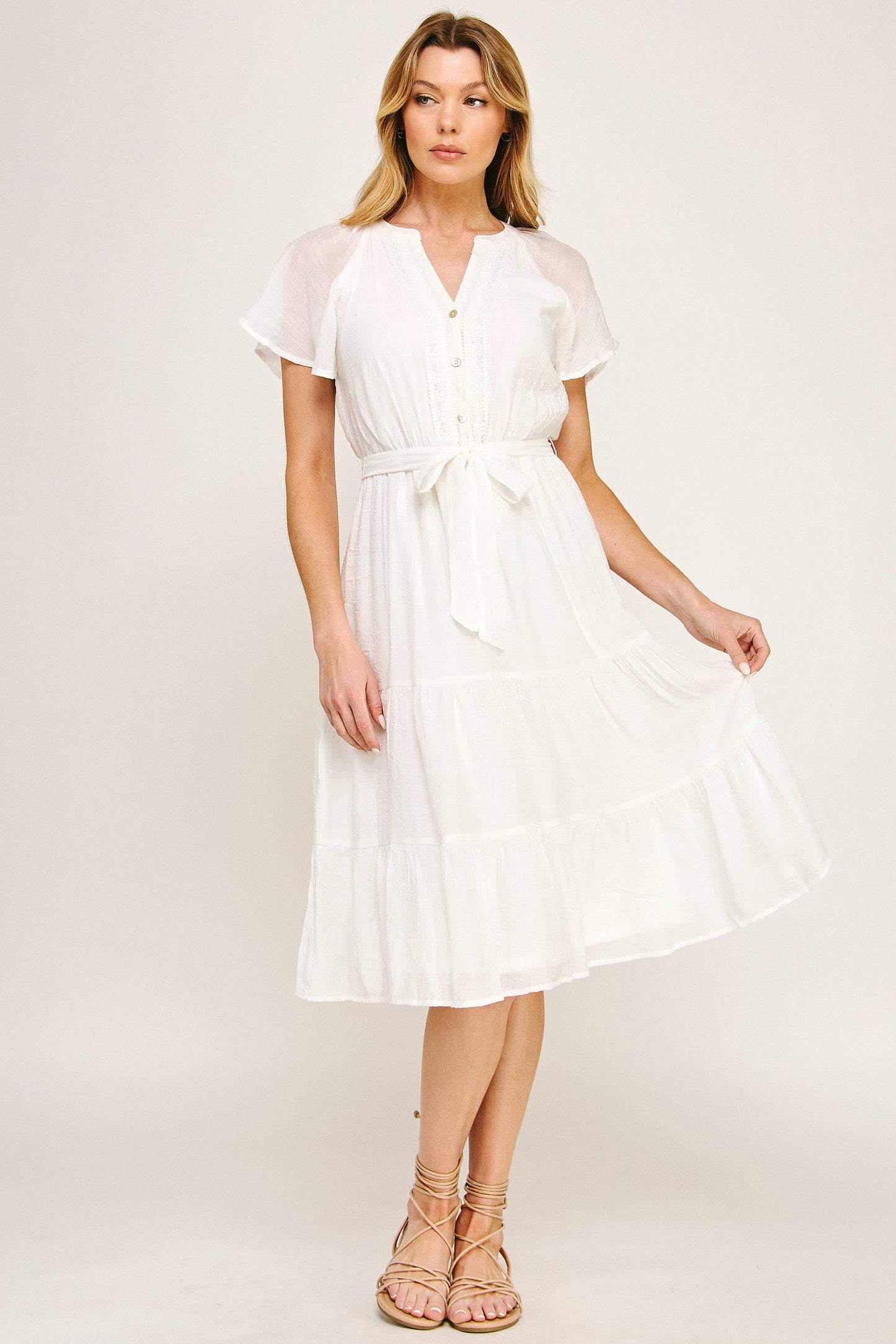 Papaya Glow Gauze Midi Dress with Trim Details