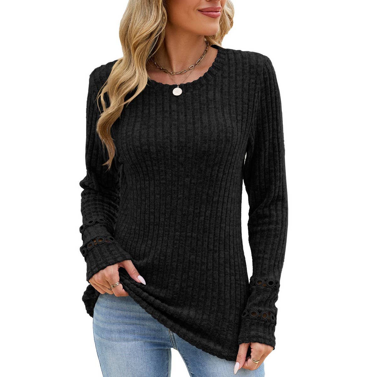 Women's Crew Neck Sweater W/ Sleeve Detail