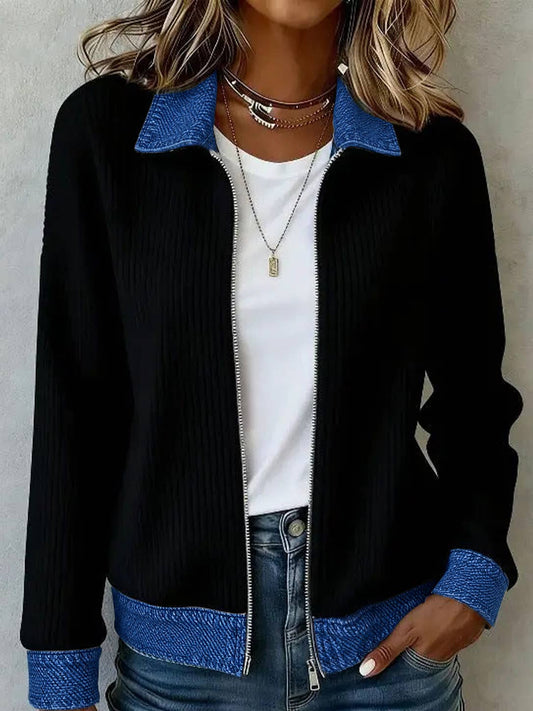 Women's Denim Patchwork Zip-Up Cardigan