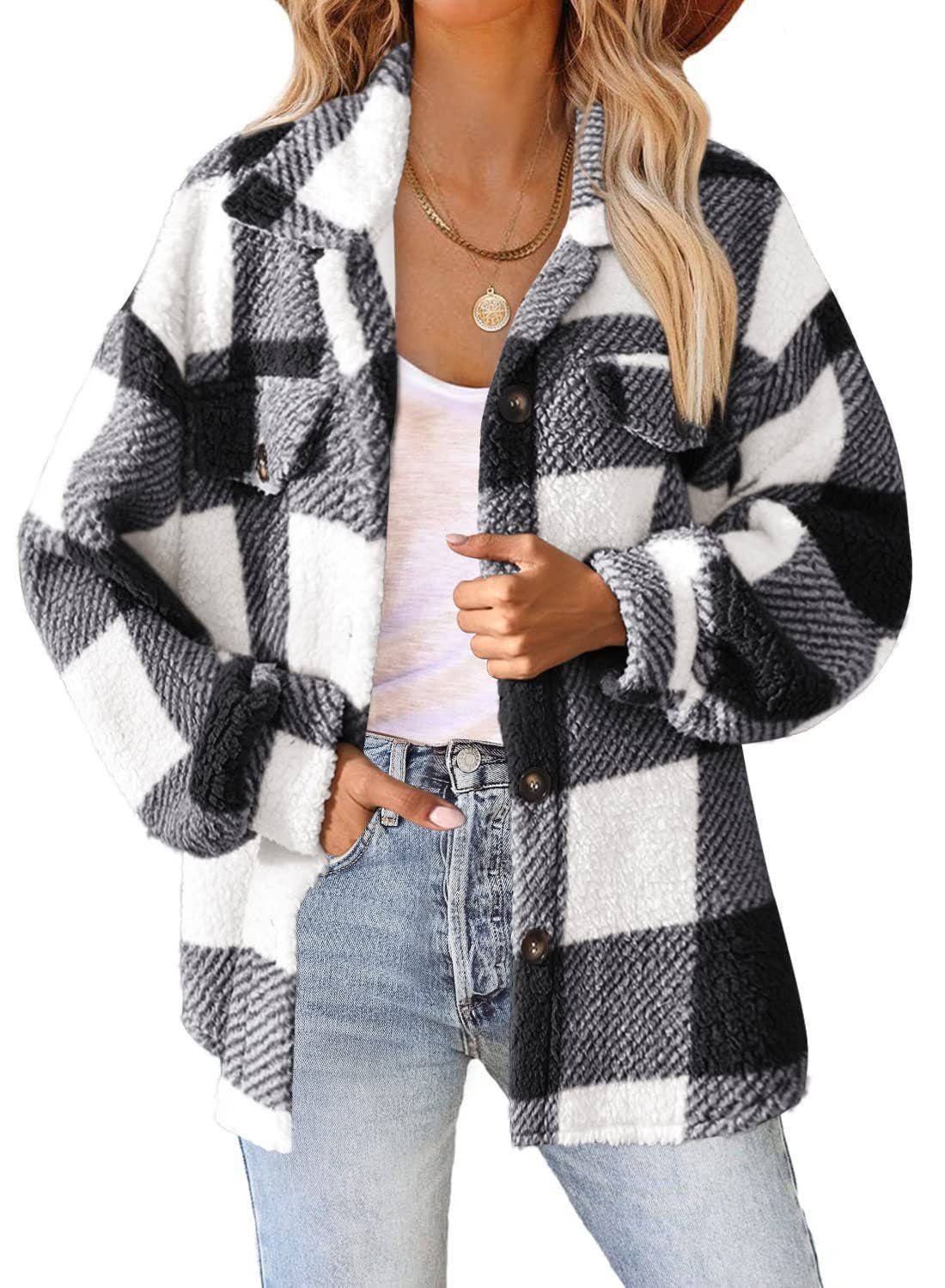Plaid Sherpa Shacket Jacket Pockets