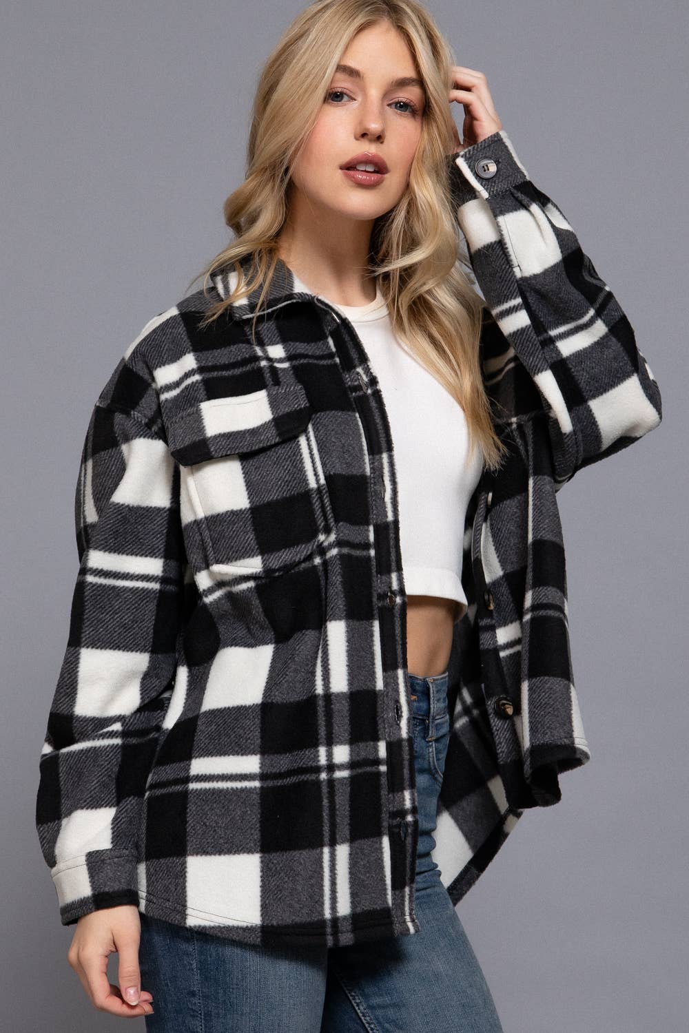 Long Sleeve Check Printed Fleece Shacket (black)