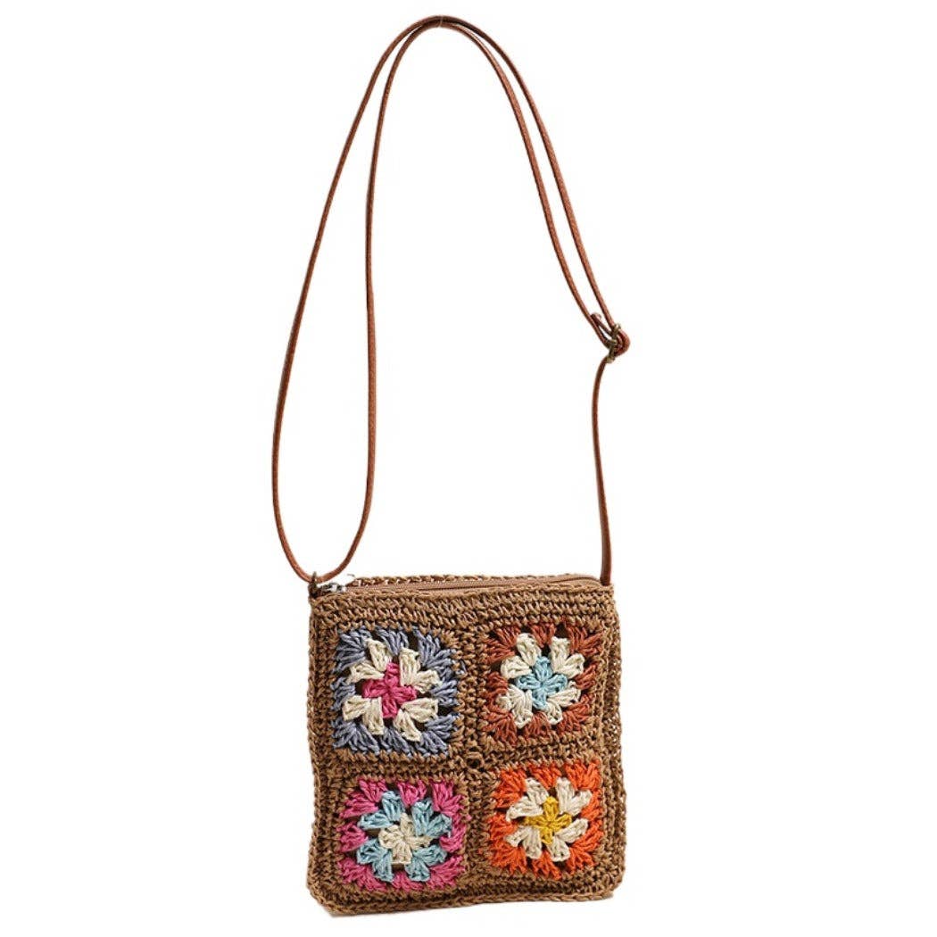 Vintage Square Crochet Flower Crossbody Bag