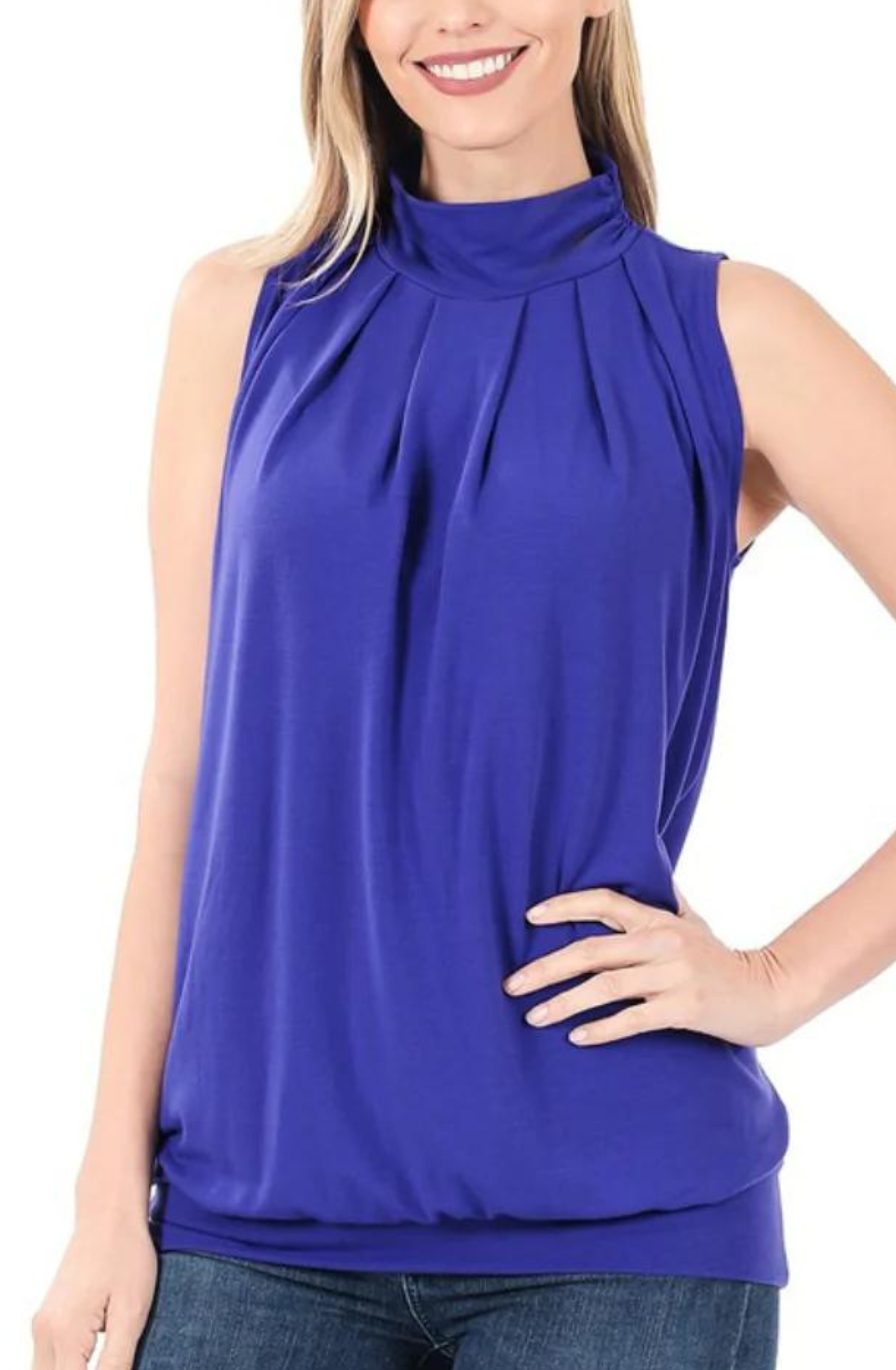 Sleeveless Mock Neck Pleated Top (solid colors)