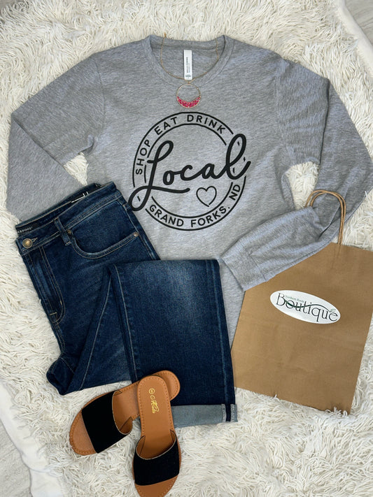 Shop Eat Drink Local Grand Forks, ND Long Sleeve T-Shirt (Gray)