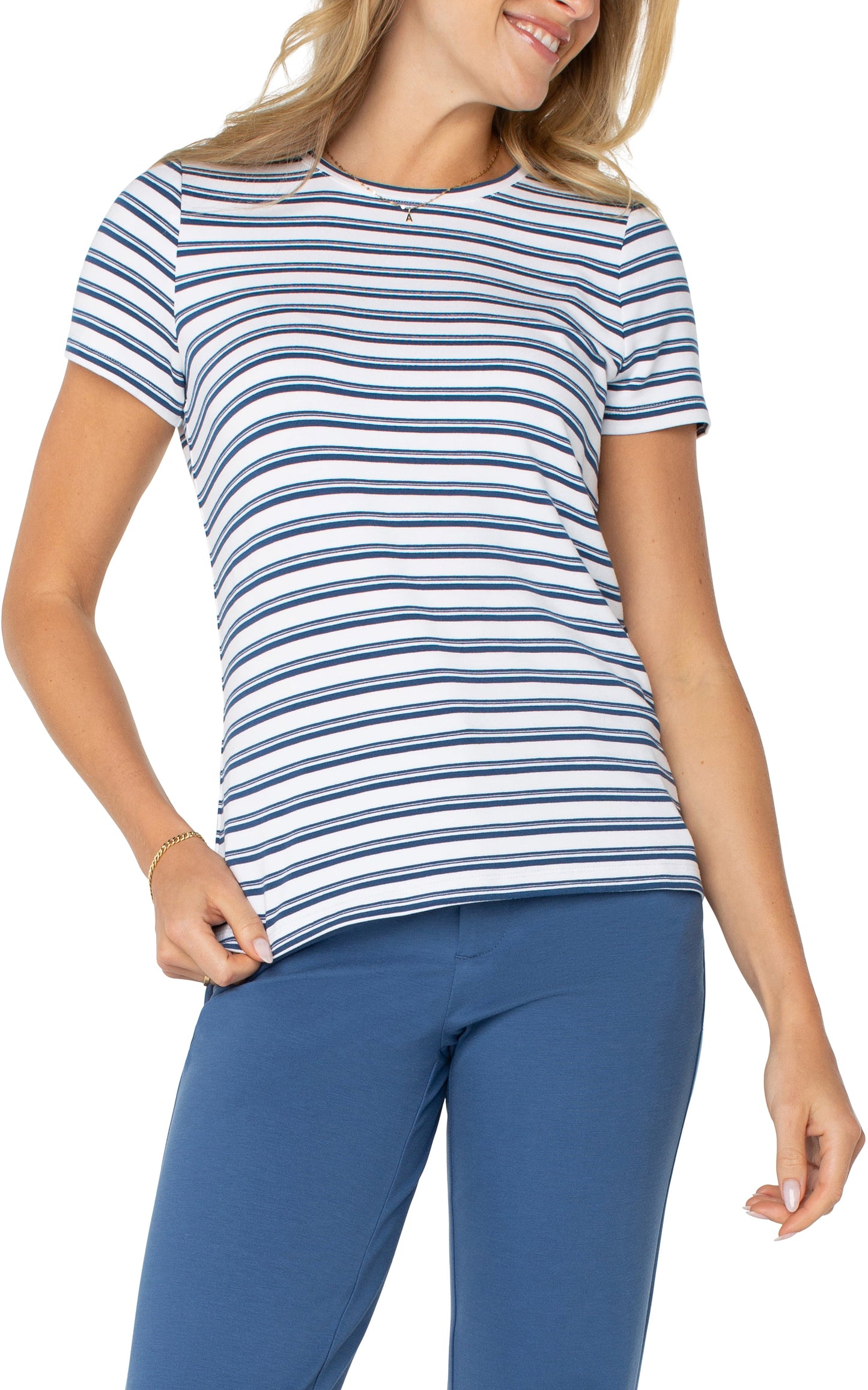Liverpool Short Sleeve Crew Neck Knit Tee (White/Indigo Dusk Variegated Stripe)