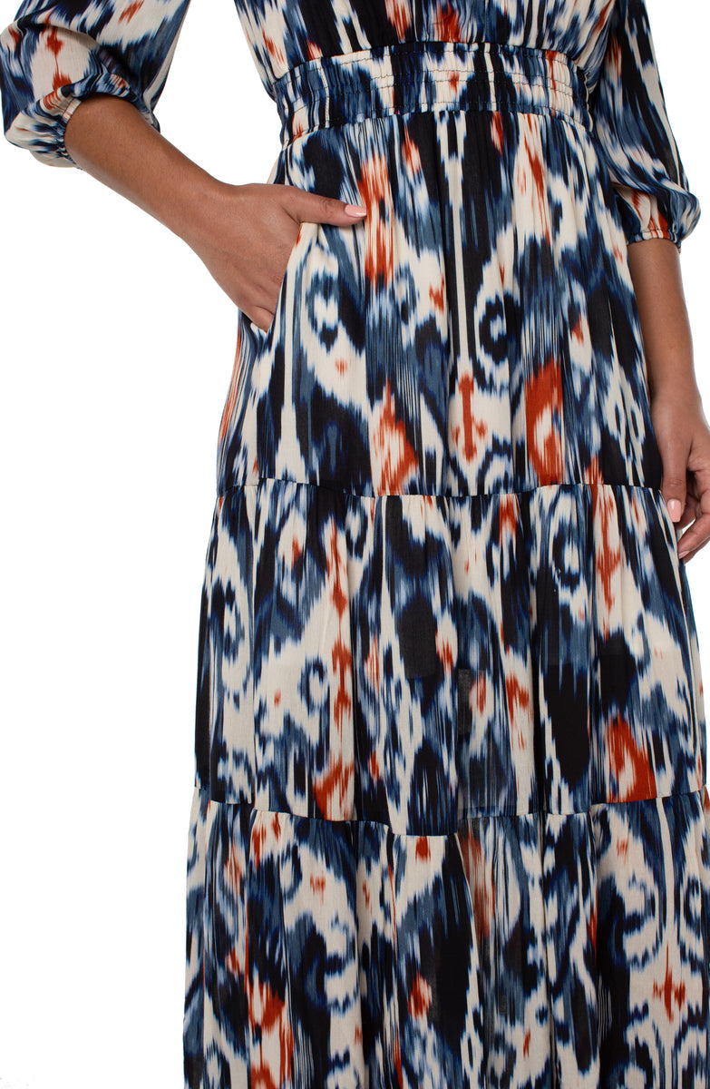 Liverpool's 3/4 Sleeve Woven Tiered Maxi Dress (Allover Ikat)