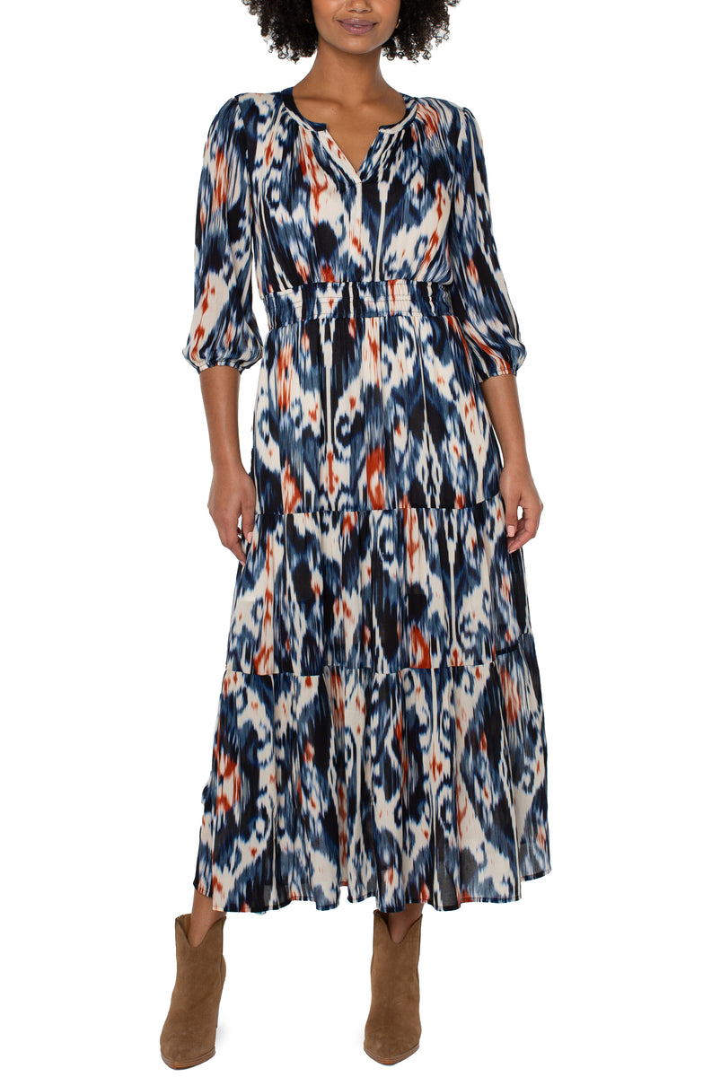 Liverpool's 3/4 Sleeve Woven Tiered Maxi Dress (Allover Ikat)