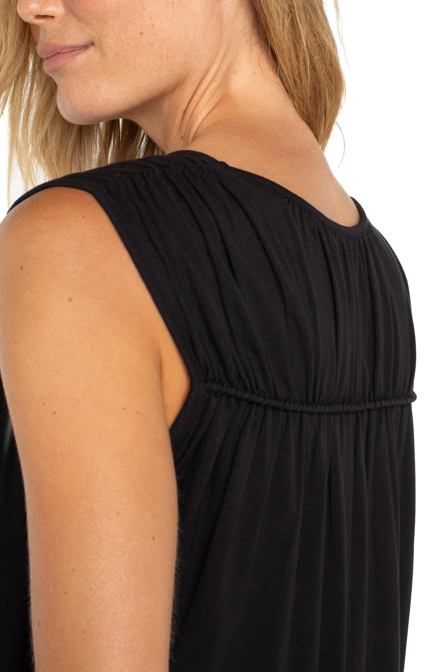 Liverpool Sleeveless Shirred Detail Knit Top (Black)