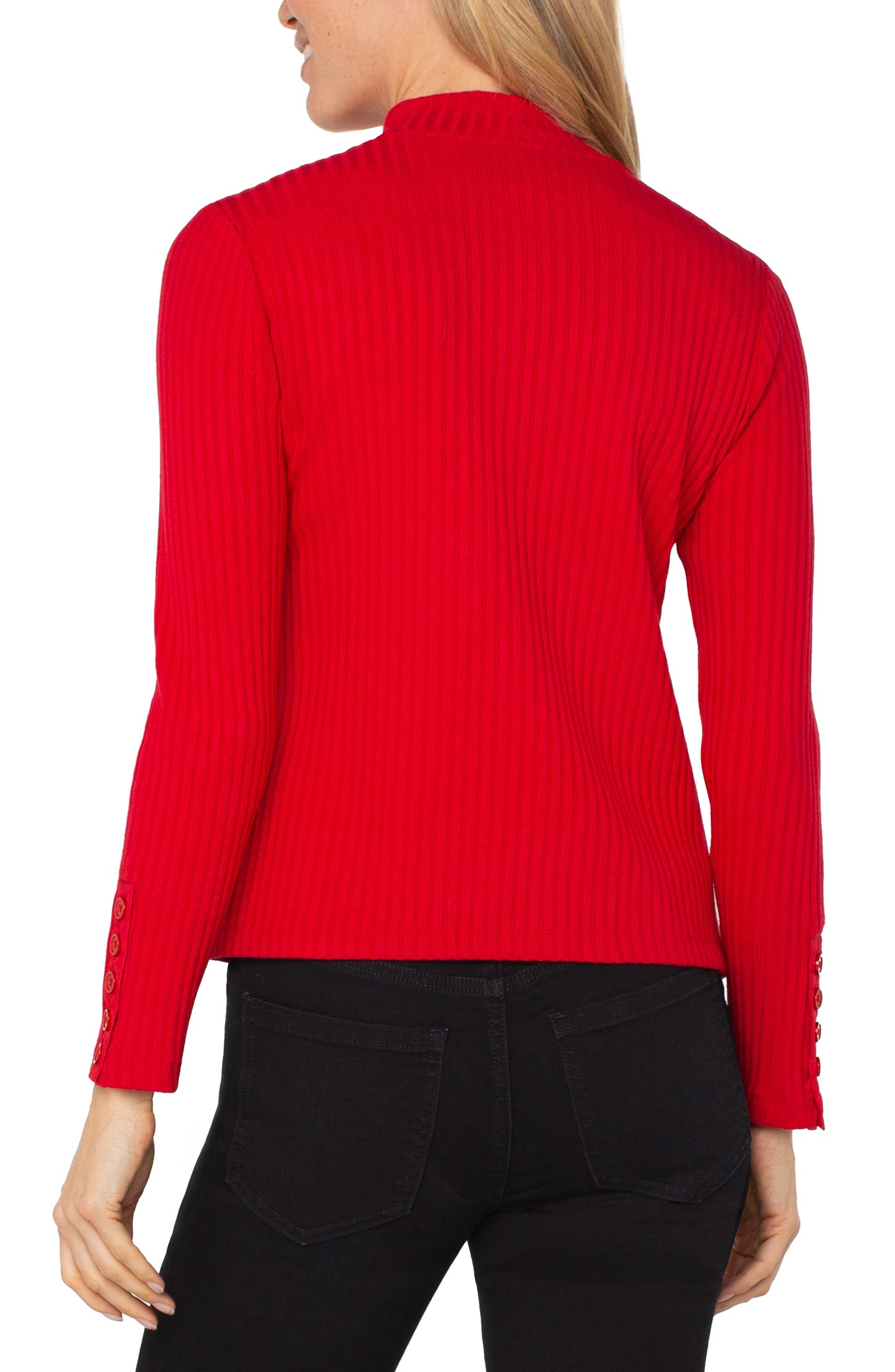 Liverpool Long Sleeve Mock Neck Knit Top with Button Detail (Tango Red)