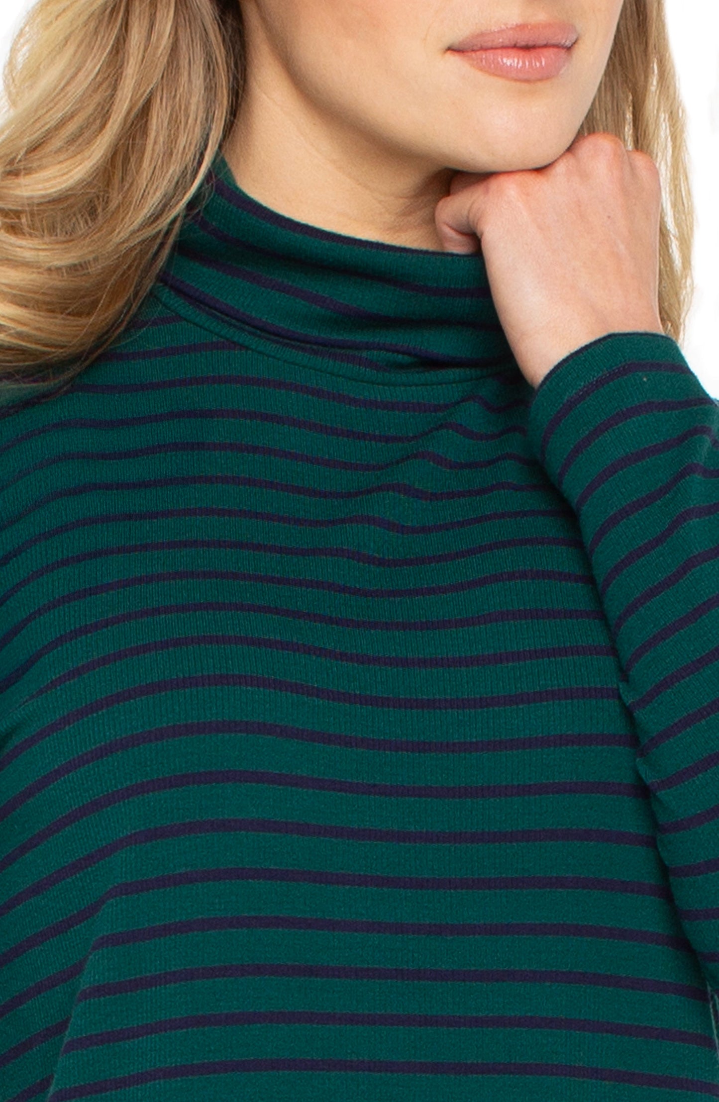 Liverpool Long Sleeve Turtleneck Knit Top (Emerald Navy Stripe)