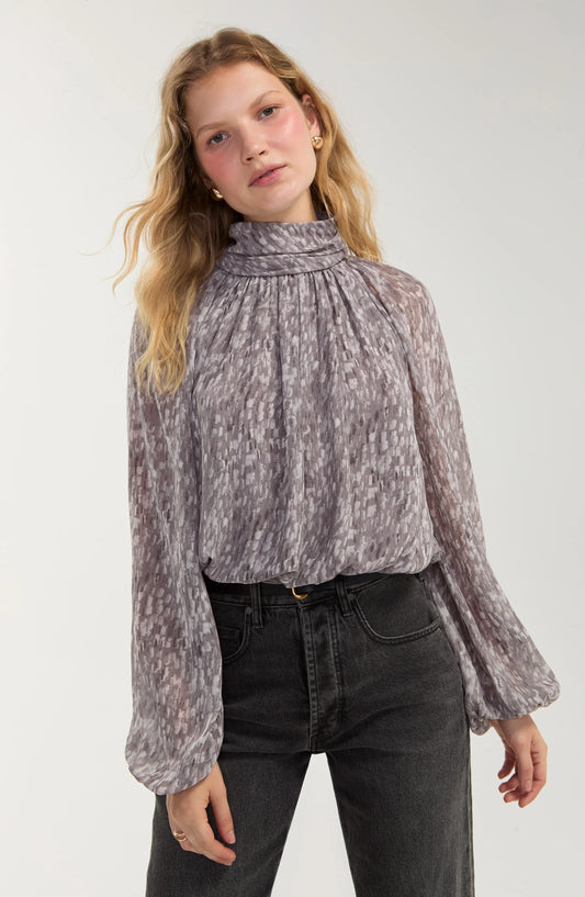 Liverpool Long Sleeve Shirred Mock Neck Woven Top