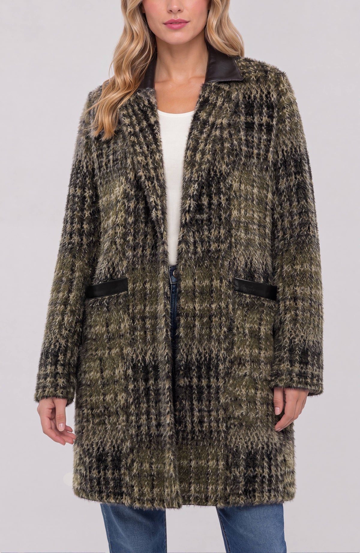 Liverpool Open Front Coatigan Sweater (Olive/Black Multi Plaid)