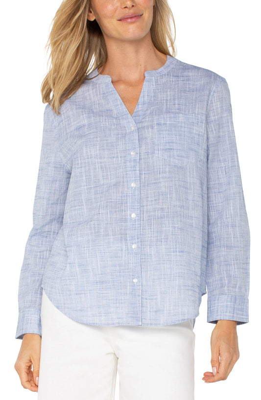 Liverpool Long Sleeve Button Front Woven Shirt w/ Banded Collar Front