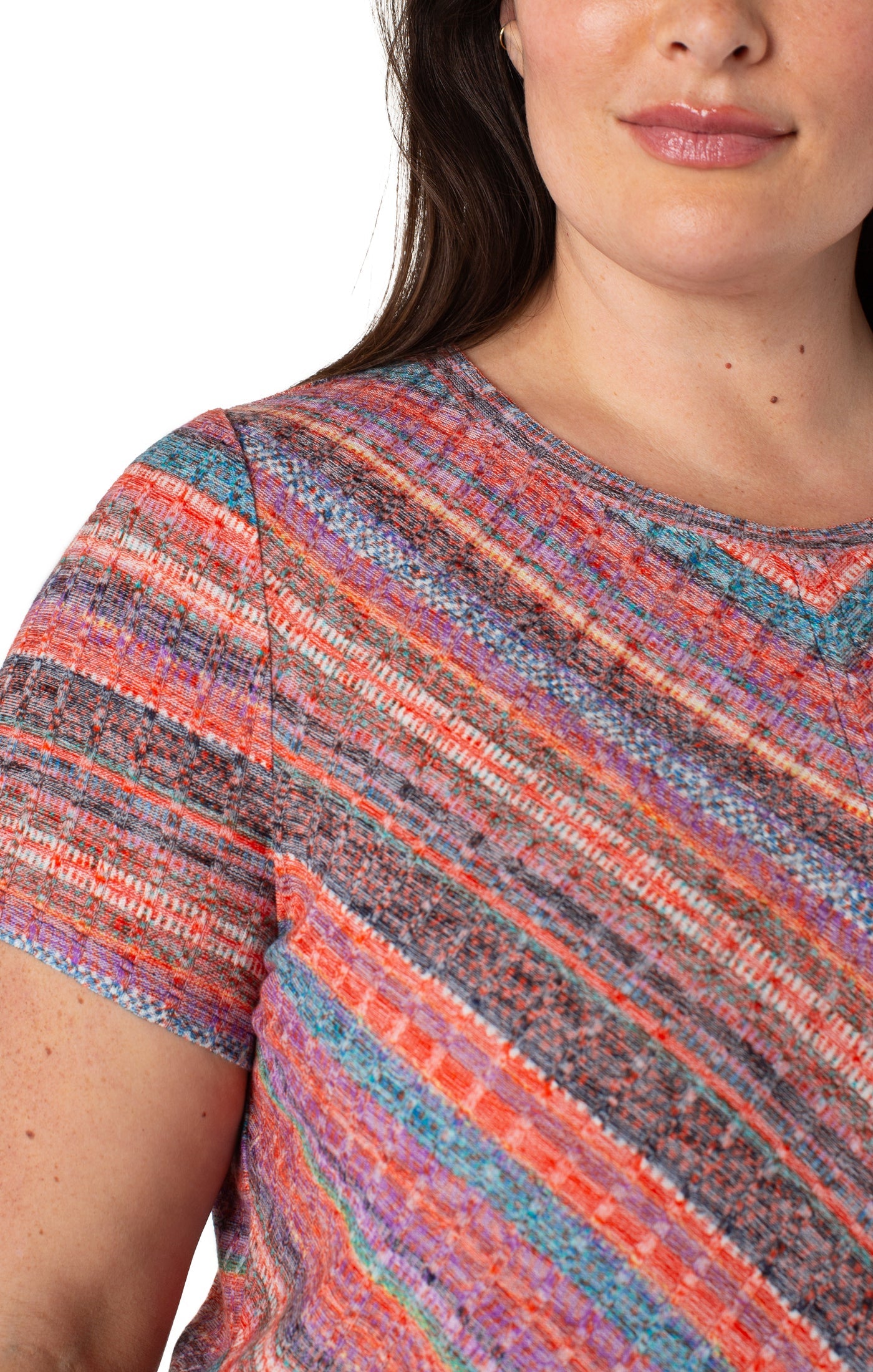 Liverpool Short Sleeve Scoop Neck Knit Top w/ Miter Front in Paradise Multi Stripe Plus Size Front Right Shoulder Close Up