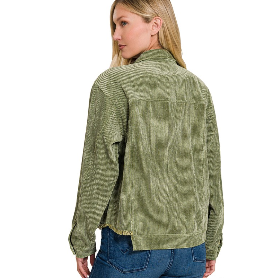 Distressed Corduroy Frayed Hem Cropped Jacket