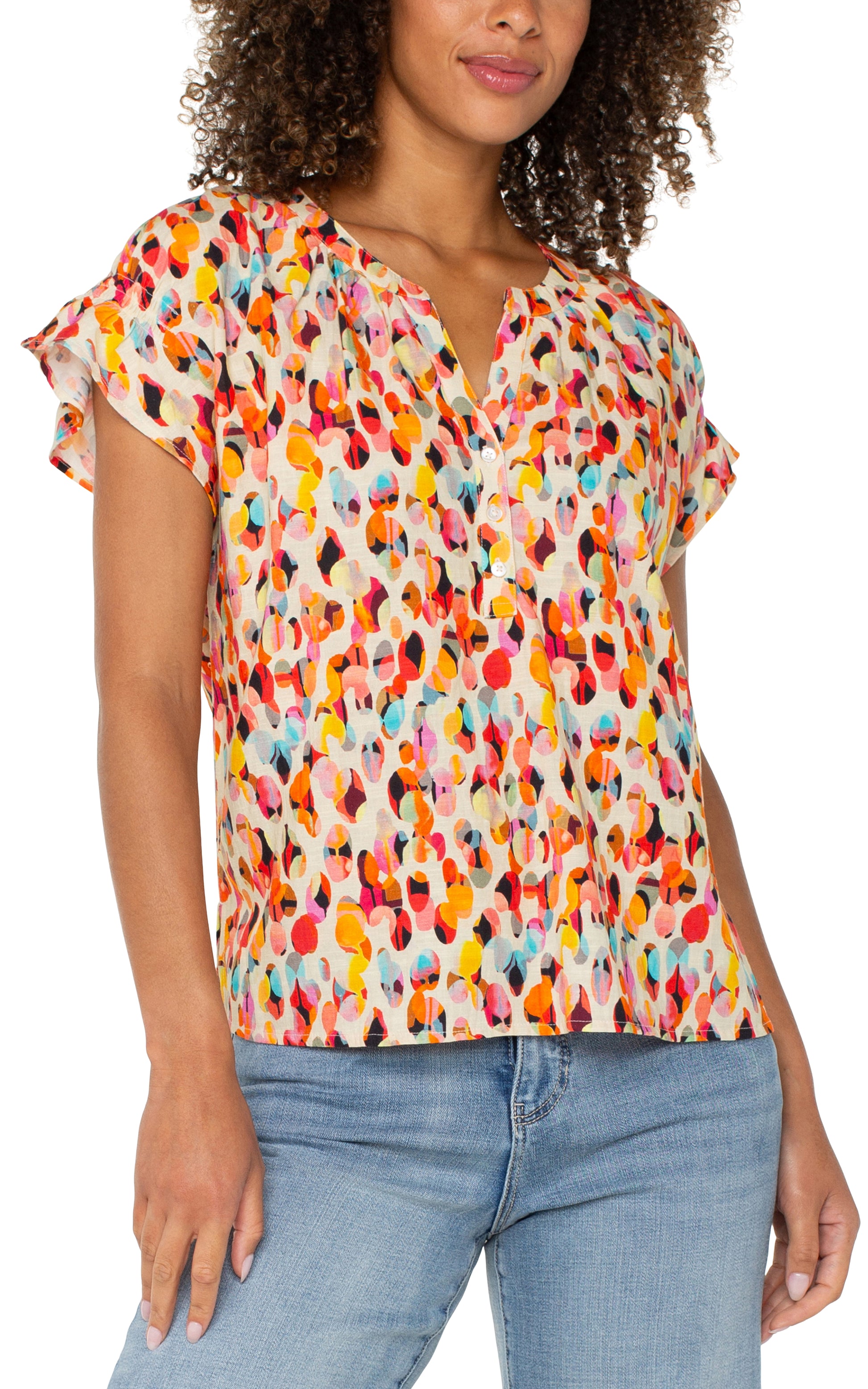 Short Sleeve Popover Dolman Woven Top Front