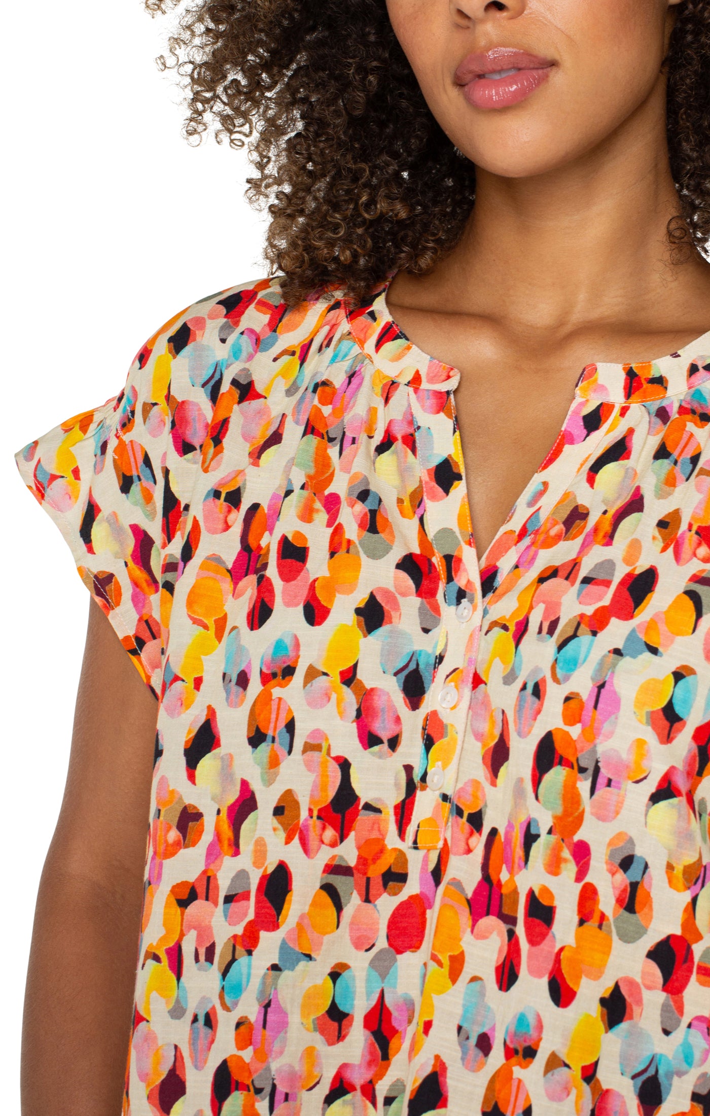 Short Sleeve Popover Dolman Woven Top Front Right Shoulder Close Up