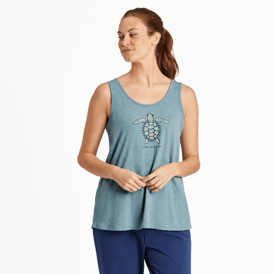 Life is Good Women's Joy Turtle Textured Slub Tank (Smoky Blue)